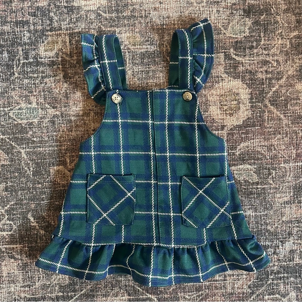 Nicole Miller Kids Plaid Pinafore Dress | Girls 12M | Blue and Green